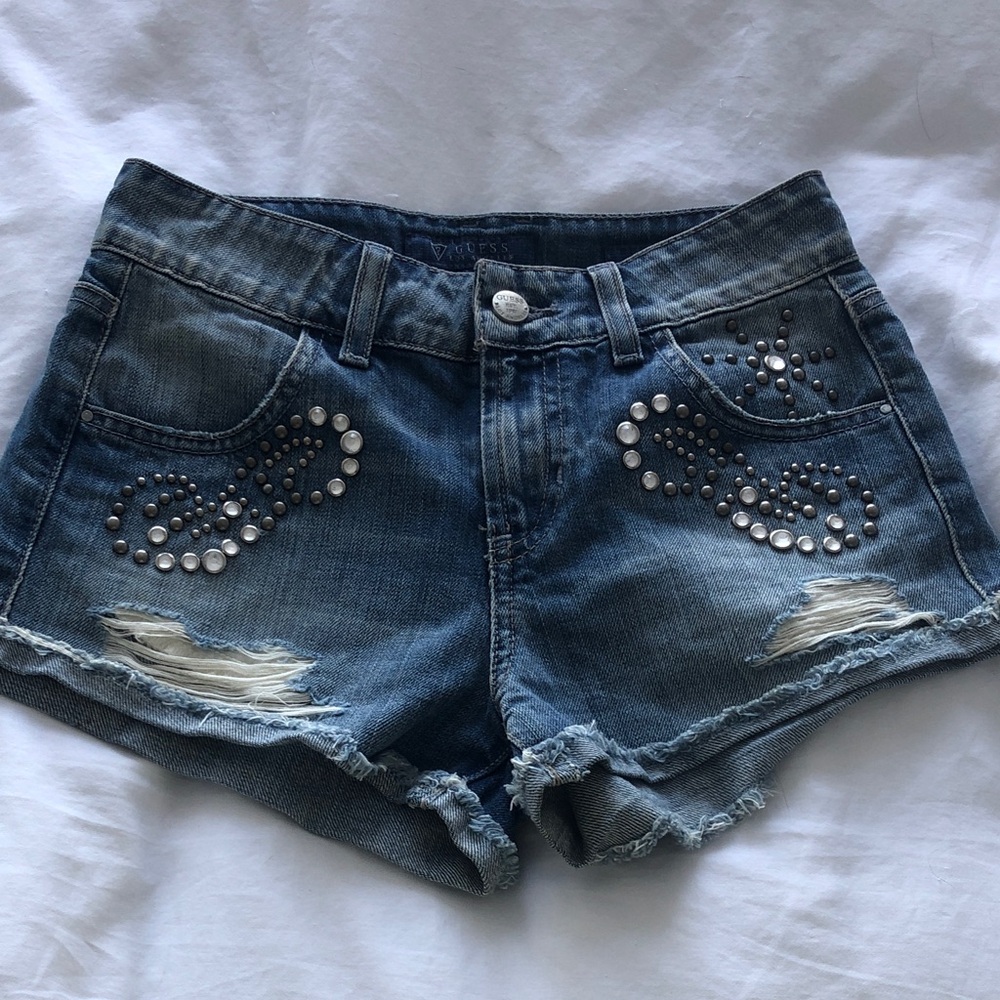 Guess Los Angeles Scarlett Western Blue Denim Shorts with Silver Studs 23